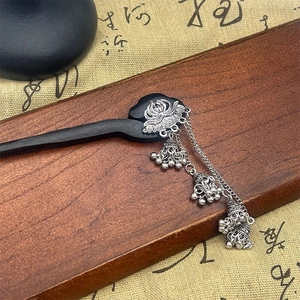 Ancient style wood hair stick with silver lotus flower and tassel charms