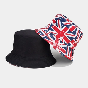 Detail of reversible bucket hat showing union jack print and solid black canvas fabric