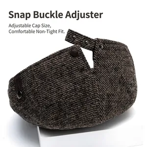 British style wool flat cap with adjustable metal snap buckle back and tweed texture