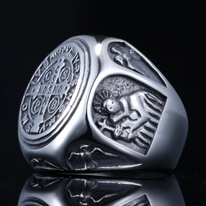 Vintage St. Benedict Medal signet ring in silver stainless steel with embossed details