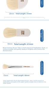 Detail view of mini makeup brush set with dimensions for powder, blush, and eyeshadow brushes