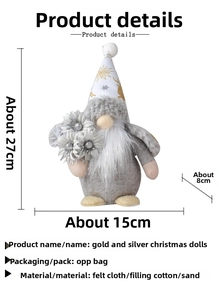 Handmade gray and gold Christmas gnome plush with dimension and material details
