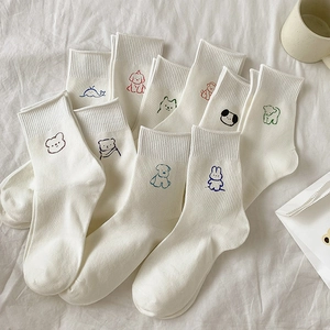 Women Crew Socks Cotton Blend Embroidered Cartoon Animal Japanese Korean Style Sweat Absorbent Ribbed Cuff Breathable