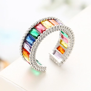 Detailed macro of silver-colored open ring featuring colorful rainbow zircon stones