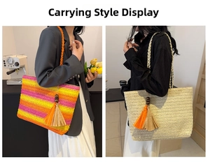Detail of colorful rainbow striped straw tote bag with wooden bead tassels for beach vacation