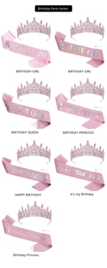 Pink rhinestone crown and sash set for birthday parties with various theme slogans