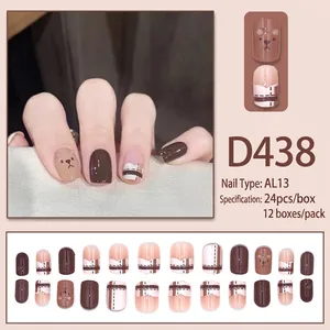 Cute bear press-on nails set with brown plaid pattern and shiny AL13 round long tips