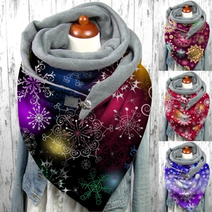 Winter fleece button neck scarf with colorful snowflake patterns shown in multiple colors