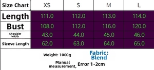Detailed size chart for women long coat showing XS to L measurements in centimeters