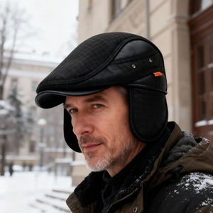 Herren Winter Schiebermütze mit Ohrenschutz, schwarzes Karo-Muster und Leder-Elemente