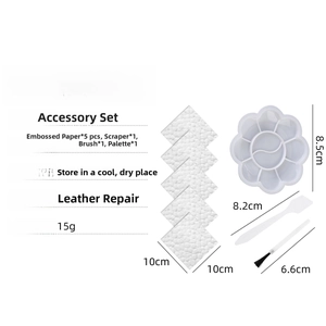 Detail view of 8-piece leather repair tool set with palette, brushes and textured paper