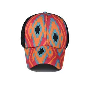 Detail of colorful geometric tribal print on a trucker hat with breathable mesh back