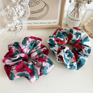 French Vintage Rose Print Scrunchie Satin Fabric Elastic Hair Tie Sweet Floral Hair Band For Women Daily Hair Accessories