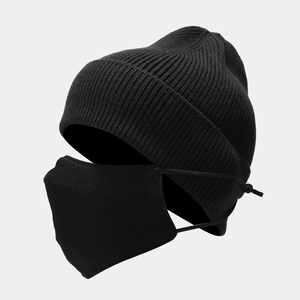 Detail of black knitted beanie with matching fleece face mask featuring adjustable ear loops