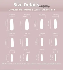 Size chart for extra long square press-on nails with 12 sizes and 24 pieces set