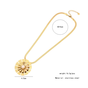 Detailed view of a gold stainless steel necklace with a sunburst pearl pendant and dimensions