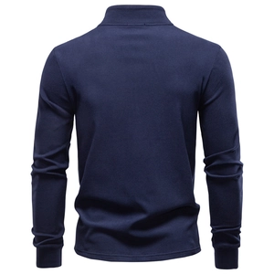 Back view of navy blue thermal half-zip sweatshirt with a stand-up collar design