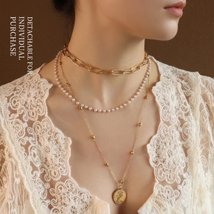 Three-layer layered titanium steel necklace with gold coin pendant and pearls