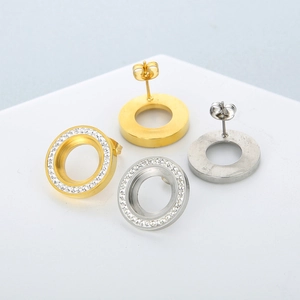 Boucles D'oreilles Puces Rondes Géométriques Creuses En Acier Inoxydable Avec Strass Mode Tendance Pour Femmes