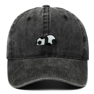 Distressed washed black cotton baseball cap featuring a cute panda embroidery on the front