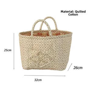 Detail of floral quilted cotton laundry basket showing 32x26x25cm dimensions and texture