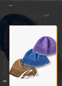 Detail of multi-color knitted beanies with thick stitching and woven wool texture