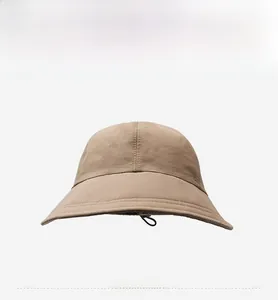 Front view of khaki sun bucket hat with adjustable black drawstring and quick-dry fabric