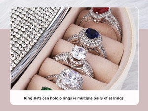 Macro view of velvet ring slots holding several rings with vibrant gemstones