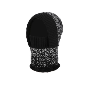 Women's black and white knit balaclava hat with integrated neck warmer and fleece lining