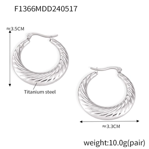 Detailed specs of silver titanium steel hoop earrings with 3.5cm size and twisted texture