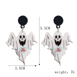 Ghost earrings detail showing dimensions 5.5cm by 3.5cm and white acrylic SC ARE design
