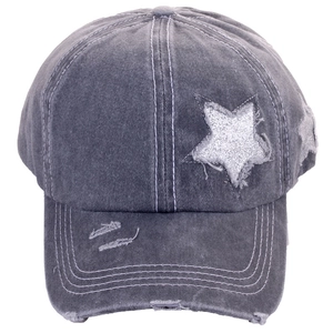 Detail of vintage washed grey baseball cap featuring sequin stars and distressed holes