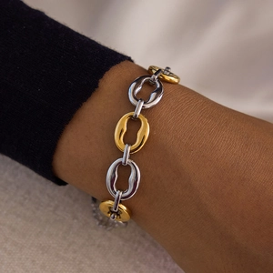 Close-up of two-tone stainless steel link bracelet on wrist with elegant minimalist style
