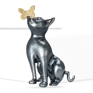 Cute dark grey cat and gold butterfly alloy brooch pin, minimalist fashion accessory