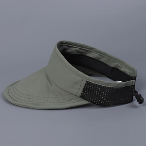Detail of adjustable elastic drawcord and breathable mesh on foldable sun visor hat