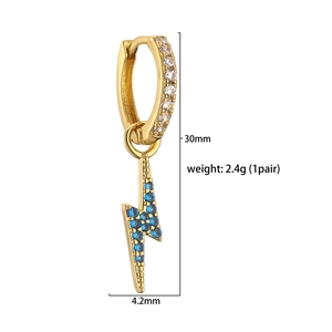 Gold lightning huggie earrings with blue pavé crystals, 30mm height and 4.2mm width