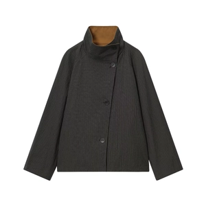 Short dark grey pinstripe jacket with a high stand collar and asymmetric buttons