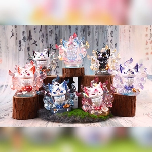 Exquisite Nine-Tailed Fox crystal resin figurines set on a rustic wooden base