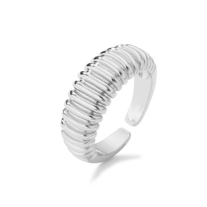 Detail of silver textured wide band ring with wavy ribbed pattern and adjustable open back