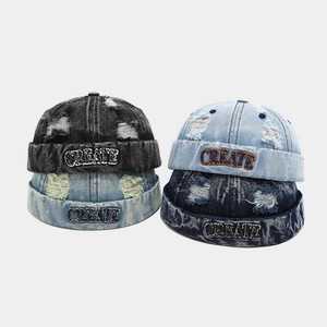Japanese retro washed denim docker hats with ripped details and CREATE embroidery