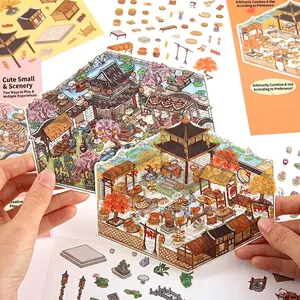 3D cat shop theme scenery stickers with traditional Chinese architecture and PET finish