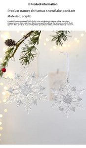 Detail of transparent acrylic snowflake ornament with silver glitter on festive pine branch