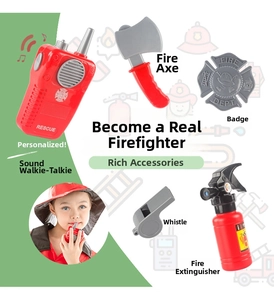 Detail view of 5-piece firefighter toy set with red extinguisher and walkie-talkie