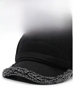 Detail view of winter baseball cap with gray faux fur lining and NY logo