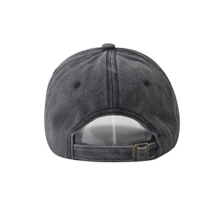 Rear view of washed dark gray cotton baseball cap with adjustable metal buckle strap