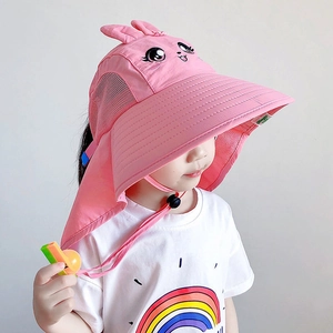 Pink bunny sun hat for kids with long neck flap and chin strap for outdoor UV protection