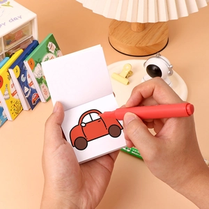 Mini cartoon coloring book for kids with red marker pen and simple car drawing