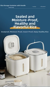 Food-grade airtight rice storage container with handle, measuring cup and scale window