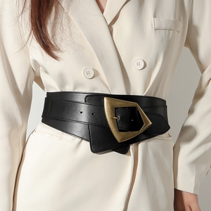Women Fashion Wide Waist Cincher Belt Elastic Corset Band Geometric Alloy Buckle Faux Leather Black Decorative Waistband