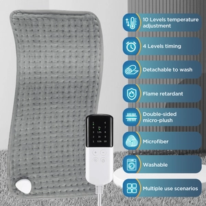 Grey electric heating pad with 10 temperature levels and timer control icons